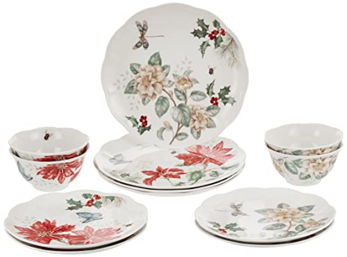 Lenox Butterfly Meadow Holiday 12-Piece Dinnerware Set, 16.60 LB, Red & Green