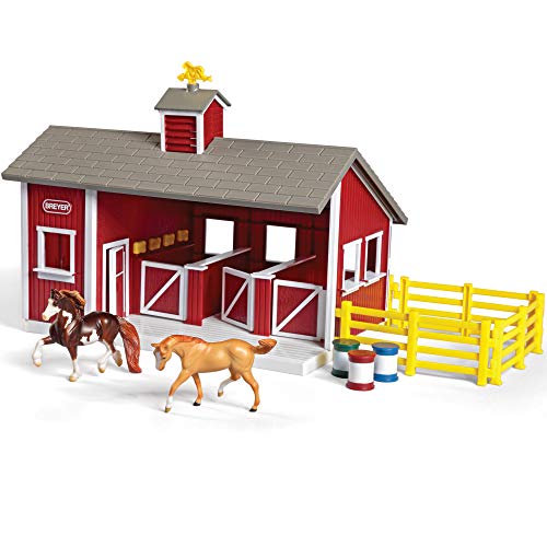 Breyer Horses Breyer Stablemates Red Stable and Horse Set | 12 Piece Play set with 2 Horses | 11.5"L x 7.5"W x 9.25"H | 1:32 Scale | Model #59197