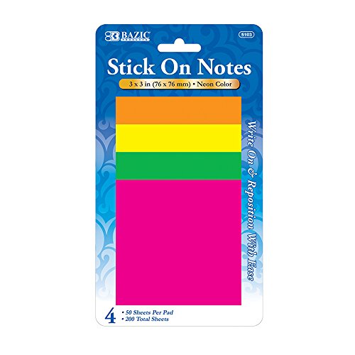 BAZIC Stick On Notes, 3 x 3 Inch, Neon (40 Count) 4 Per Pack