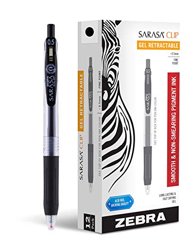 Zebra Pen Sarasa Clip Retractable Gel Ink Pens, Fine Point, 0.5mm, Black Ink, 12 Pack