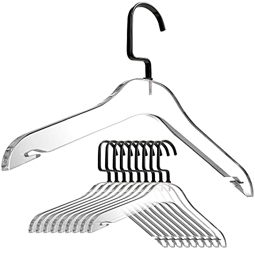 Clear Acrylic Clothes Hangers - 10 Pack Stylish and Heavy Duty Closet Organizer with Chrome Plated Steel Hooks - Non-Slip Notches for Suit Jacket, Sweater - by Designstyles (Shiny Black)