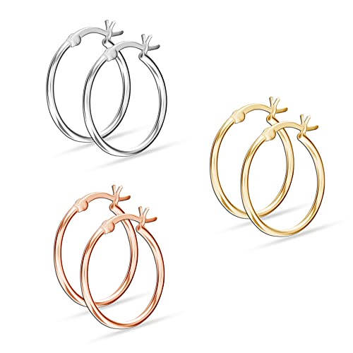 LeCalla 925 Sterling Silver Set of 3 Pairs Click-Top 3 Colors Hoop Earrings for Girl Teen Women 25MM