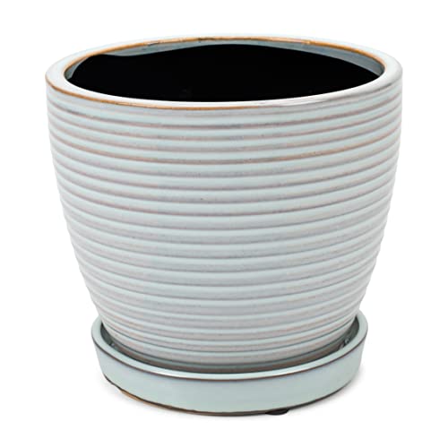 Napco Whitewash Ribbed 6.5 x 6 Ceramic Table Top Planter Pot with Saucer