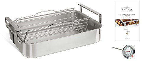 CRISTEL, 18-10 stainless Steel Roaster, 3-Ply construction, Shinny Finish, Dishwasher oven safe, all hobs + induction, Extras collection, MADE IN France 15" x 12.5" x 3".