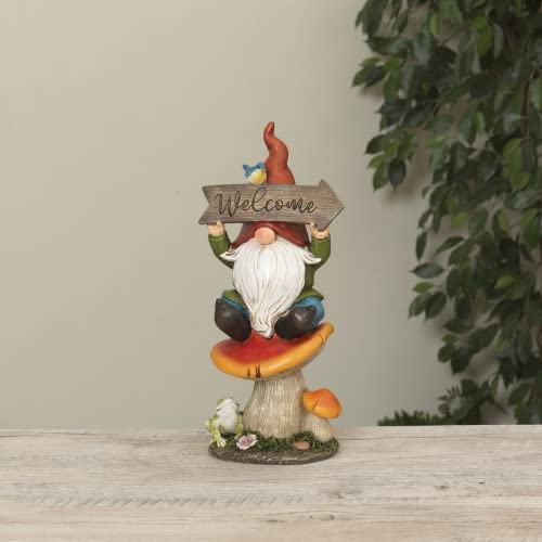 Gerson International Gnome Holding Welcome Sign with Mushroom Figurine, 12.2 Inch Height, Resin