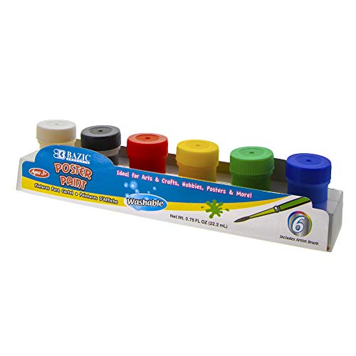 BAZIC Poster Paint w/Brush 4.5oz/133ml, 6 Color Non-Toxic Kids Liquid Paint, for Hobby Fun Art Supplies Crafts Vibrant Coloring Painting, 1-Pack