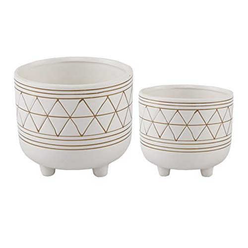 Flora Bunda Mid Century Set of 2 Handpainted Geometric Ceramic Planter 6 Inch W & 5 Inch W Ceramic Planter Pot with Sturdy Legs, White and Gold Line Planter Pot