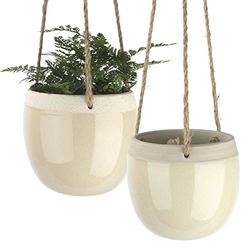 La Jol√≠e Muse Ceramic Hanging Planters Indoors - 5.5 Inch Hanging Plant Pots, Modern Plant Holder with Jute Rope for Succulents Cactus Herbs Small Plants, Home Decor Gift, Set of 2 (Beige)