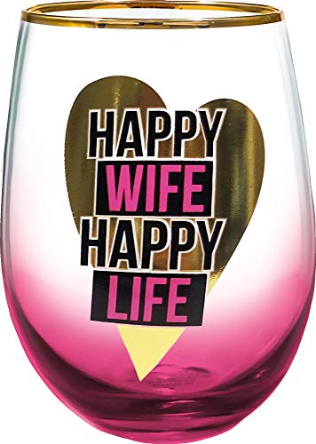 Spoontiques 21727 Wife, Happy Life Stemless Glass, 20 ounces, Pink