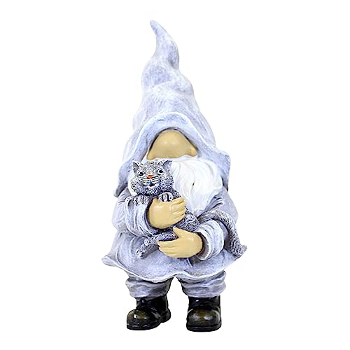Roman Gnome with Kitten Garden Statue, 12.5-inch Height, Outdoor Decoration