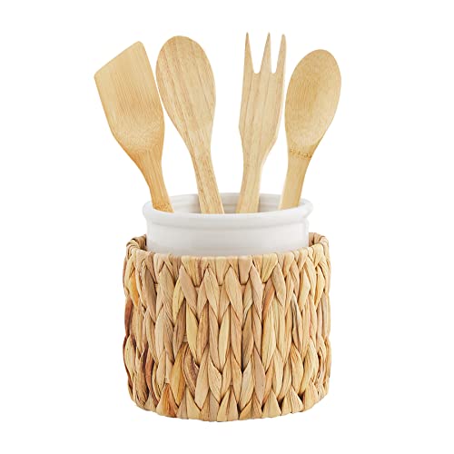 Mud Pie Hyacinth Utensil Holder with Utensil Set, crock 6.26" x 5.5" dia | utensils 10",White/Tan