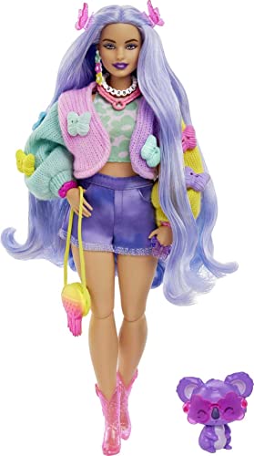 UPD Barbie Doll with Pet Koala, Barbie Extra, Kids Toys, Clothes and Accessories, Wavy Lavender Hair, Colorful Butterfly Sweater, Pink Boots