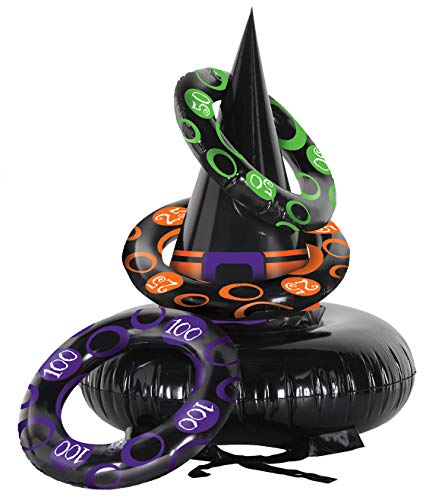 Beistle Novelty Inflatable Witch Hat Ring Toss Game for Halloween Parties, 18.5" & 9"-10", Black/Orange/Purple/Green