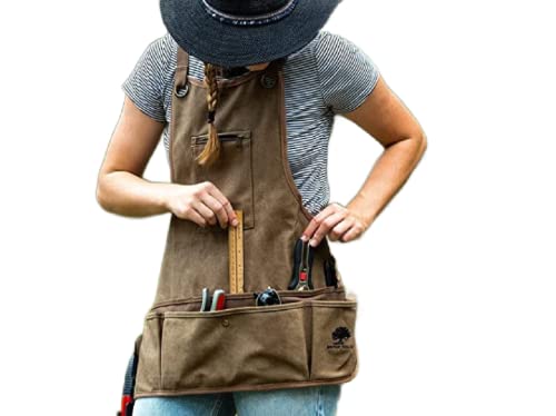 Garden Works Ironwood Tool Co. 16oz Waxed Canvas Garden Tool Apron with Shoulder Pads, Double Stitched Pocket, Metal Grommets for Strap