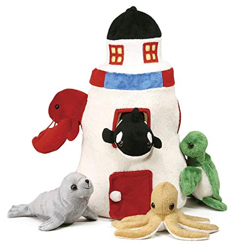 Unipak Plush Lighthouse with Animals - Five (5) Stuffed Sea Animals (Orca, Lobster, Sea Turtle, Seal, Octopus) in Play Lighthouse Carrying Case