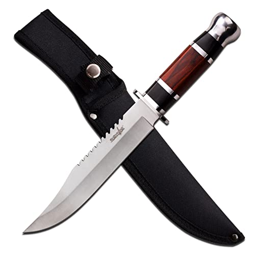 Master Cutlery SURVIVOR - Fixed Blade Knife - Satin Finish Clip Point Blade w/Sawback, Black and Brown Wood Handle, Nylon Sheath - HK-781L - Hunting, Camping, Survival - Prep. Survive. Thrive.