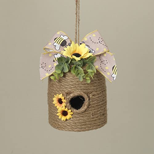 Gerson International Handcrafted Hanging Beehive Birdhouse with Floral Accent, 8-inch Height