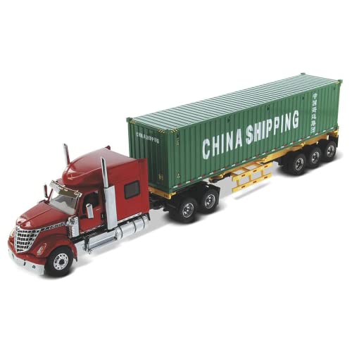 International Lonestar Sleeper Cab Red w/Skeleton Trailer & 40' Dry Goods Sea Container China Shipping Green 1/50 Diecast by Diecast Masters 71045