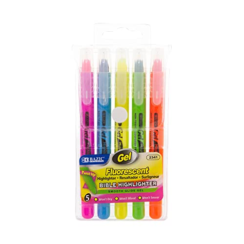 BAZIC Fluorescent Gel Highlighter, Soft Vivid Gel Neon Unscented Quick Dry Vibrant Color, Great for Sketchbook Text Books Art Students Office, (5/Pack), 1-Pack