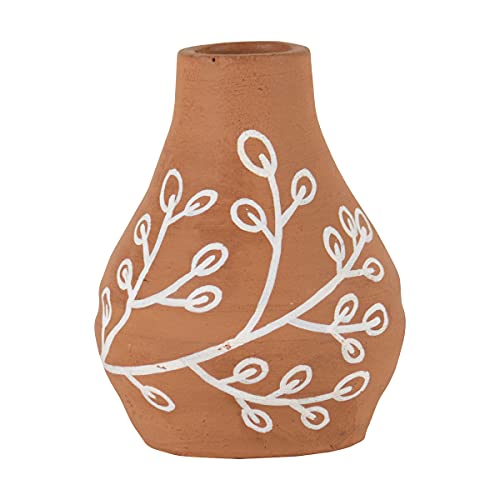 Foreside Home & Garden Handthrown Natural Terracotta Bud Vase with White Botanical Accents