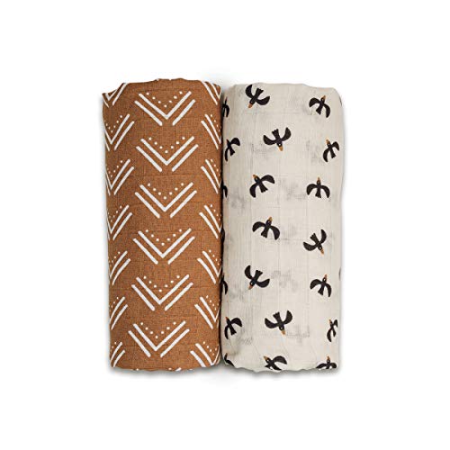 Mary Meyer Lulujo Boho Swaddle Set, Cotton Muslin Blankets, 2 Pack (Mudcloth & Blackbirds)
