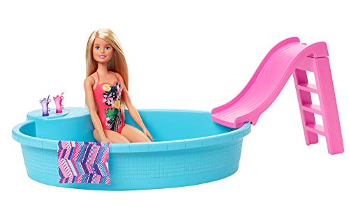 Mattel Barbie Doll, 11.5-Inch Blonde, and Pool Playset with Slide and Accessories, Gift for 3 to 7 Year Olds