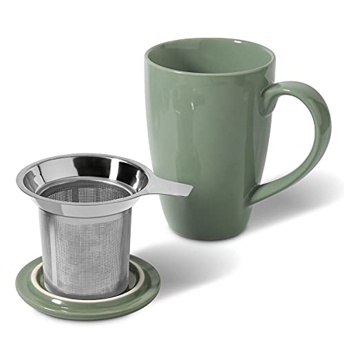 ComSaf Ceramic Tea Mug with Infuser and Lid, 16 OZ Large Porcelain Mug with Tea Filter for Loose Leaf Tea/Tea Bag, Tea Steeping Cup for Office Home, Green