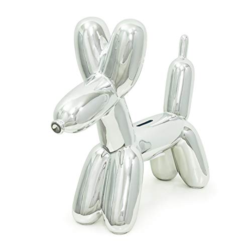 Made By Humans Balloon Sausage Dog Piggy Bank, Unique Ceramic Money Bank with High-Gloss Finish, Silver
