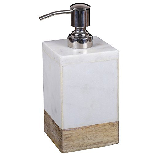 Creative Home 74821 Natural Marble and Mango Wood Lotion Liquid Soap Dispenser, 3" x 3" x 7-1/4" H, Off-White (Patterns May Very)