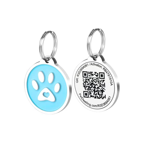Pet Dwelling 2D QR Code Pet ID Tag - Dog Tags - Cat Tags - Online Pet Profile - Instant Email Alert of QR Tag Scanned GPS Location (Summer Blue Paw)