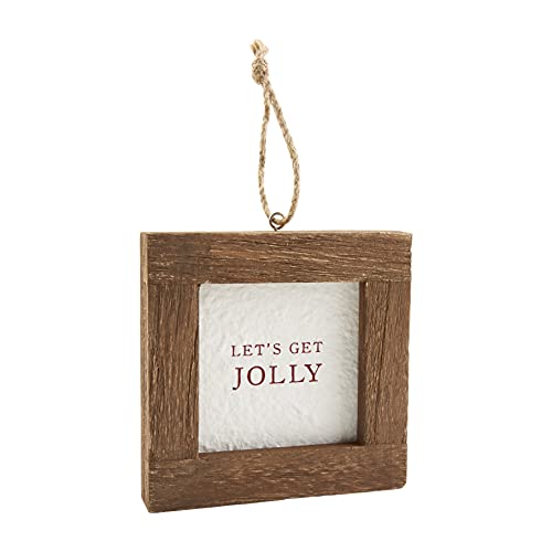 Mud Pie Wooden Frame Ornament Plaque, Jolly, 5" x 5", Pine Wood