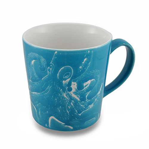 KRZH Octopus with Wood Scene Ceramic Mug Holds 16 Ounces, Blue and White