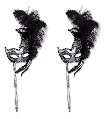 Beistle S54204AZ2 Feathered Mask with Stick, Black/Silver