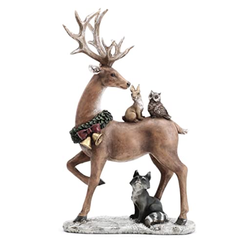 Napco Standing Reindeer with Woodland Animals 13.5 Inch Resin Holiday Tabletop Christmas Figurine