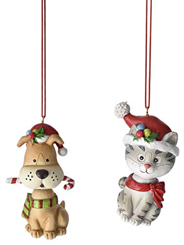 Ganz MX180228 Dog & Cat with Santa Hat Ornaments, Set of 2, 3 Inches Height, Multicolor