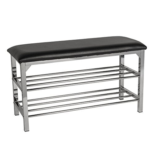 Danya B. Black Leatherette Storage Entryway Bench with Chrome Frame Holds Shoes, Modern Style for Apartments, Mudrooms or Hall Entries in Home or Office