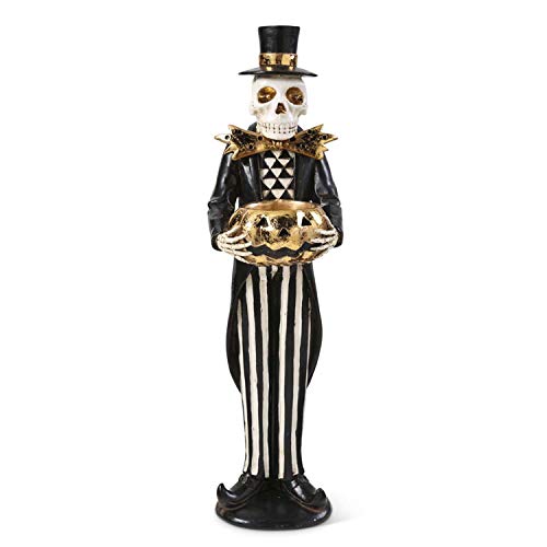 K&K Interiors 41100A 13 Inch Skeleton Holding Gold Jack O Lantern, Black and White