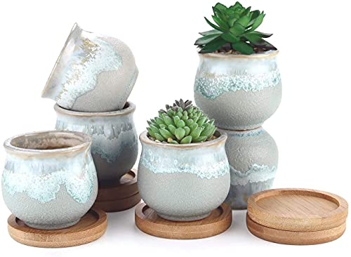 T4U Small Ceramic Succulent Planter Pots with Bamboo Tray Set of 6, Sagging Glazed Porcelain Handicraft as Gift for Mom Sister Aunt Best for Home Office Restaurant Table Desk Window Sill Decoration