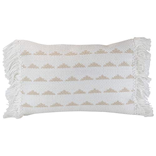 Foreside Home & Garden FIPL09777 Decorative Throw Triangle Pattern Woven 14x22 Outdoor Pillow w/Hand Tied Fringe, White