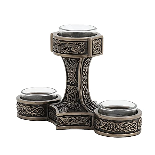 Unicorn Studio Veronese Design 4 7/8 Inch Tall Mjolnir Hammer of Thor Triple Head Tealight Candle Holder Viking Nordic Decor Cold Cast Bronzed Resin Sculpture