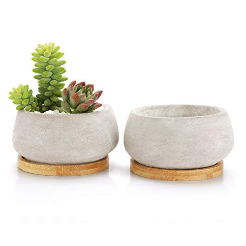 T4U 3.5 Inch Cement Serial Big Round Sucuulent Cactus Plant Pots Flower Pots Planters Containers Window Boxes with Bamboo Tray Grey - Pack of 2