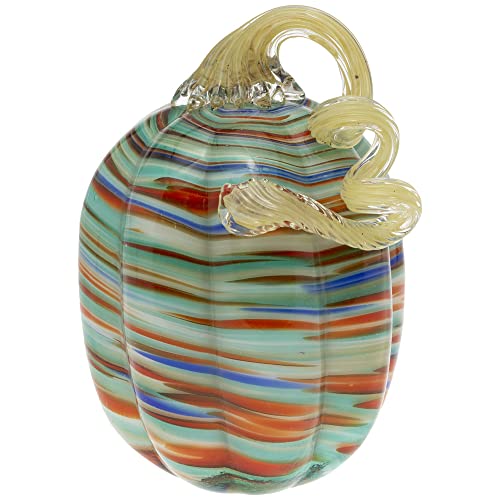 Boston International Pumpkin Fall Autumn Harvest Thanksgiving Tabletop Decorations Hand Blown Glass, Small, Sunset Stripe