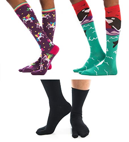V-Toe Socks Tabi Flip Flop Big Toe Socks Orca, Unicorn, Black Fun Patterns Casual 3 Pack Pairs