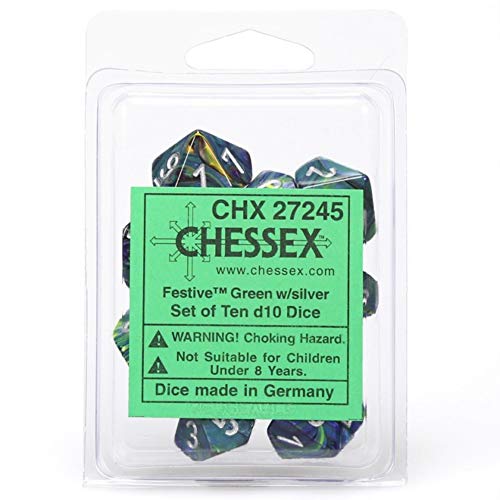 Dice - Festive - d10 Chessex D10 Green w/Silver (10)