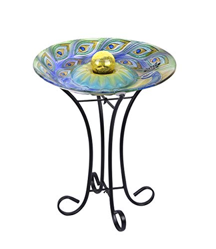 Hi Line Gift 78415-F Solar Orb Peacock Glass Bird Bath with Stand