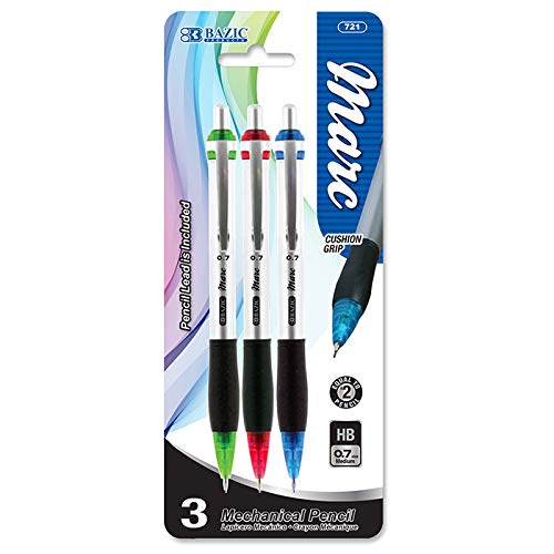 BAZIC Marc 0.7mm Mechanical Pencil, Silver Color Barrels, Black Comfort Cushion Grip, Smooth Write Pencils for Drawing Sketching, Bulk Packs for School Office (3/Pack), 1-Pack
