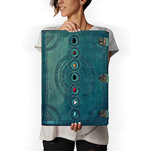 TUZECH Seven Chakra Medieval Stone Embossed Handmade Jumbo Leather Journal Book of Shadows Notebook Office Diary College Poetry Sketch (Ocean Blue, 22 Inches)