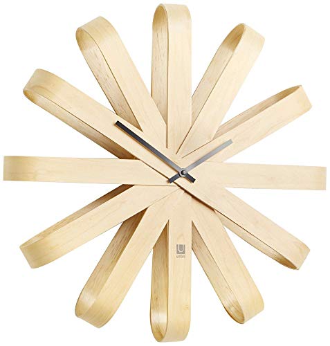Umbra Ribbonwood, Large Modern Wall Clock, Battery Operated, Silent, Non Ticking, Unique, Natural Wood