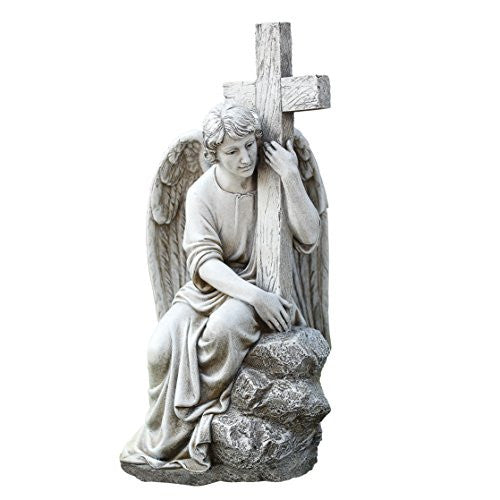 Roman Joseph's Studio Male Angel Seated Holding a Cross Garden Statue 13-Inch Made of Resin Stone