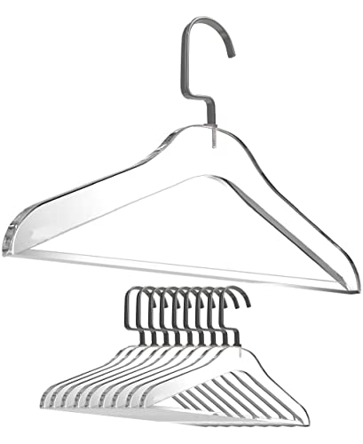 Clear Acrylic Clothes Hangers - 10 Pack Stylish and Heavy Duty Closet Organizer with Chrome Plated Steel Hooks - Non-Slip Notches for Suit Jacket, Sweater - by Designstyles (Matte Black Pants Bar)